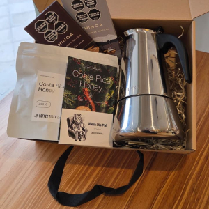 Box para Papá 2: Cafetera acero + Costa Rica Honey + 2 Chocolates